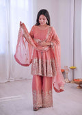 Teeya Creation Peach Color Fendy Satin Silk Embroidery Work Party Wear Salwar Suit
