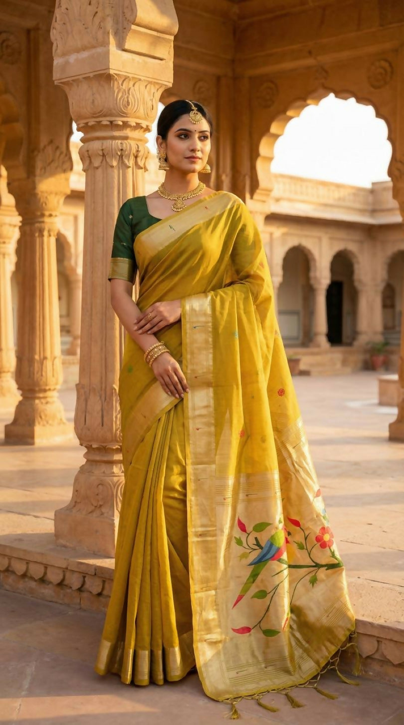 Vastranavya Yellow Muga Cotton Meenakari & Munia Weaving Pallu Saree with Contrast Blouse