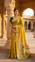 Vastranavya Yellow Muga Cotton Meenakari & Munia Weaving Pallu Saree with Contrast Blouse