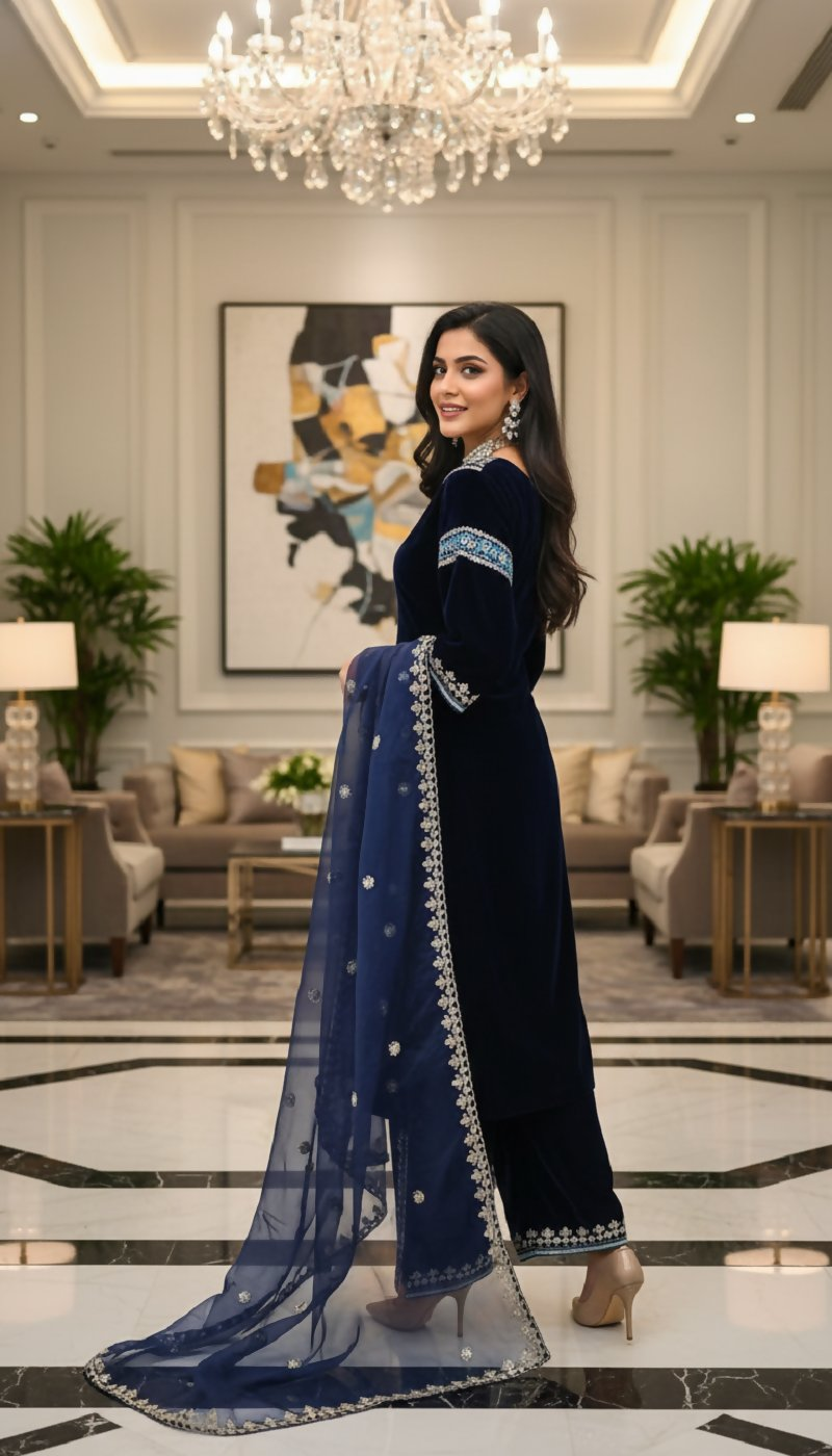 Joban Fashion Blue Kurta Set Velvet Embroidery Sequence Work