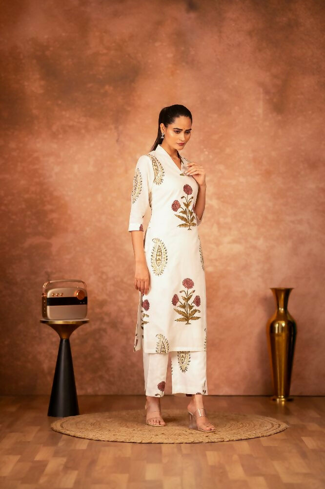 Joban Fashion Off White Red Floral Hand Block Printed Cotton Kurta Pant Set