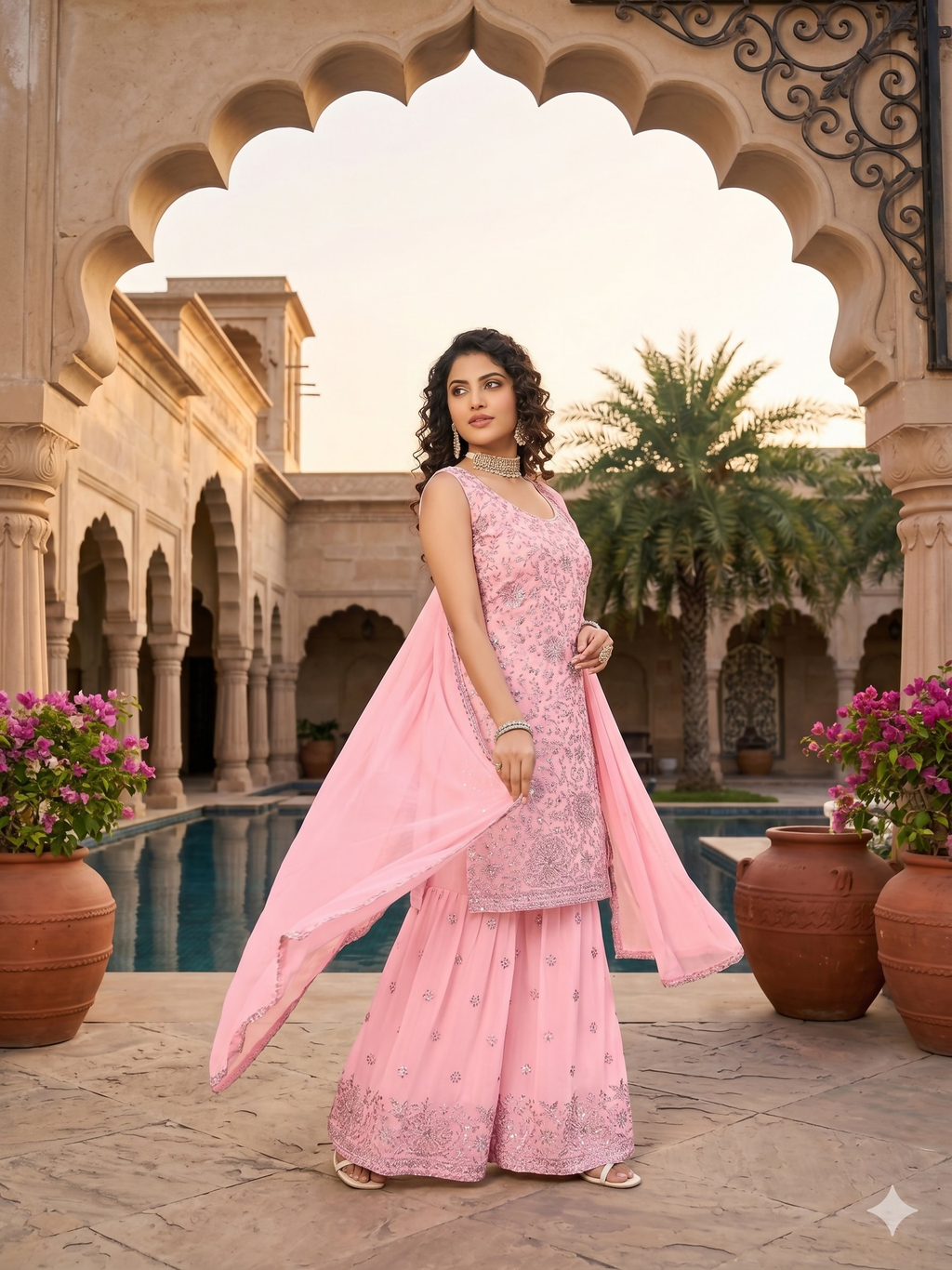 Teeya Creation Womens New Designer Georgette Pink Embroidered Sharara Set With Sequence Work And Lace Border Dupatta