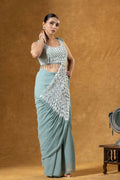 Teeya Creation Teal Color Faux Georgette Embroidery Work Party Wear Ready To Wear Saree