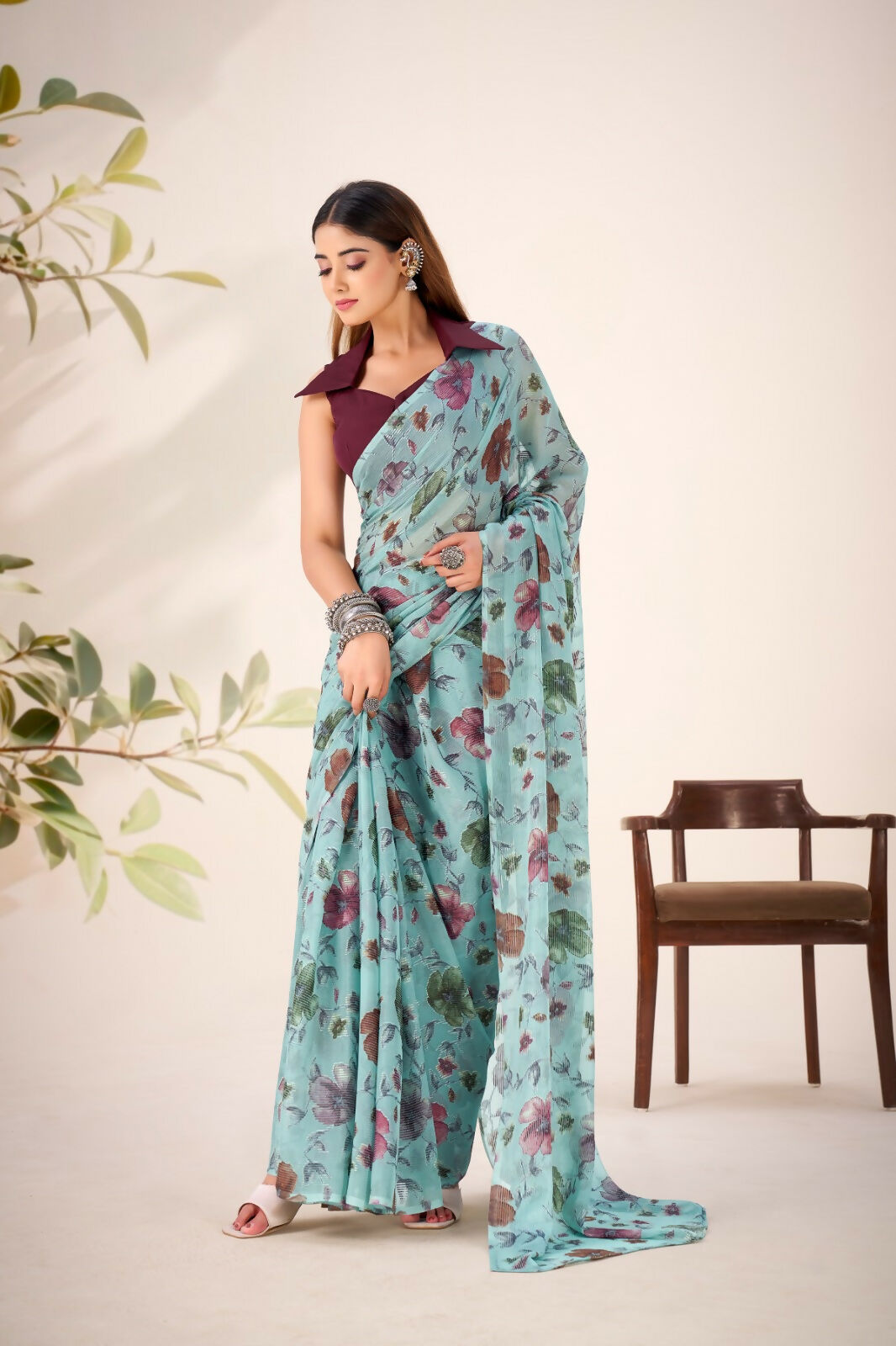 Vastranavya Sea Green Lurex Brasso Floral Printed Saree with Unstitched Blouse