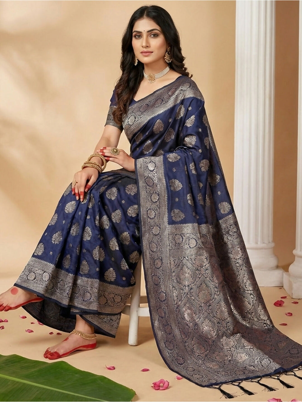 Shree Shyam Fashion Navy Blue Silk Blend Saree