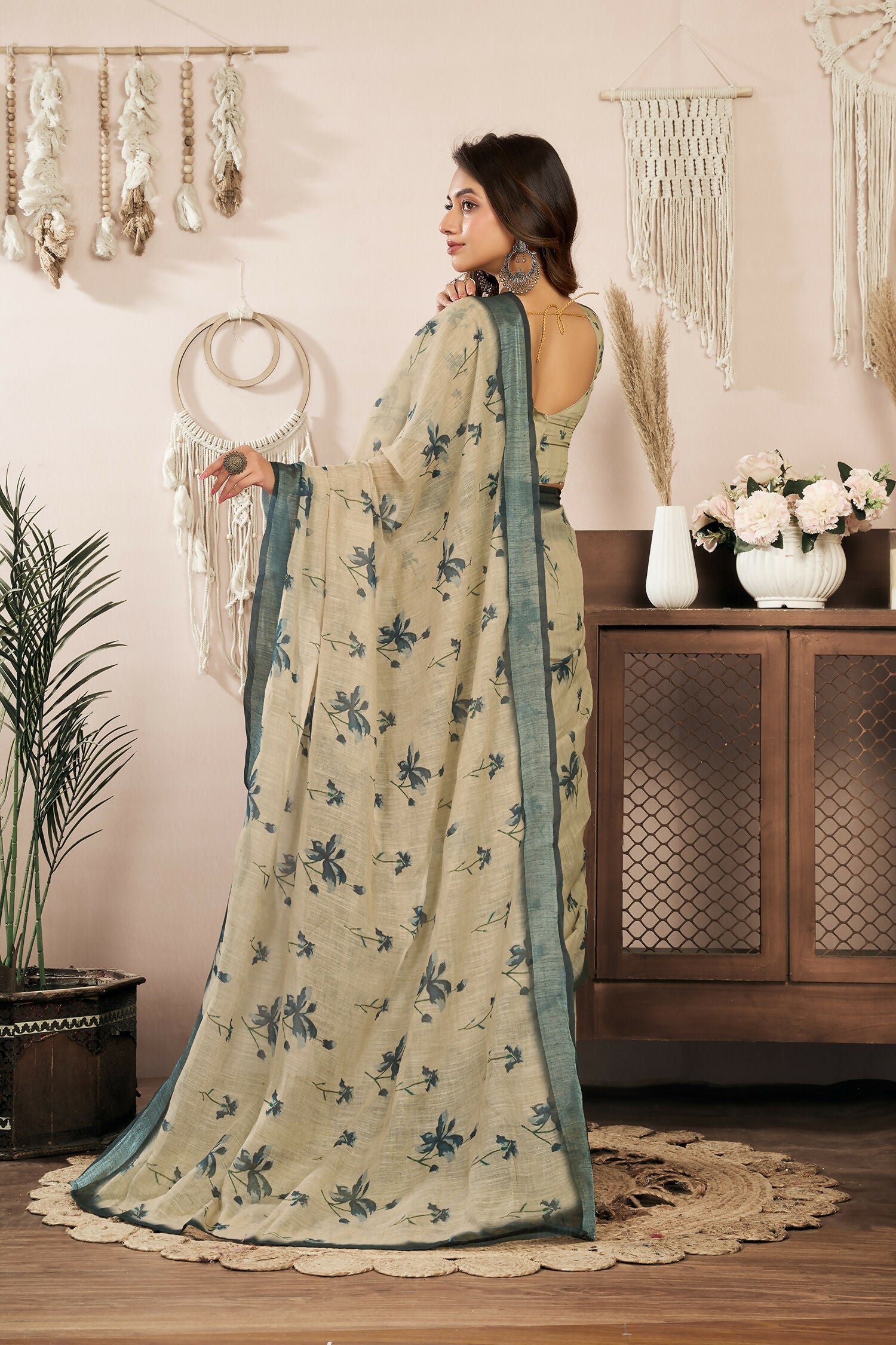 Joban Fashion Beige Floral Linen Ready To Wear Saree With Unstitched Blouse