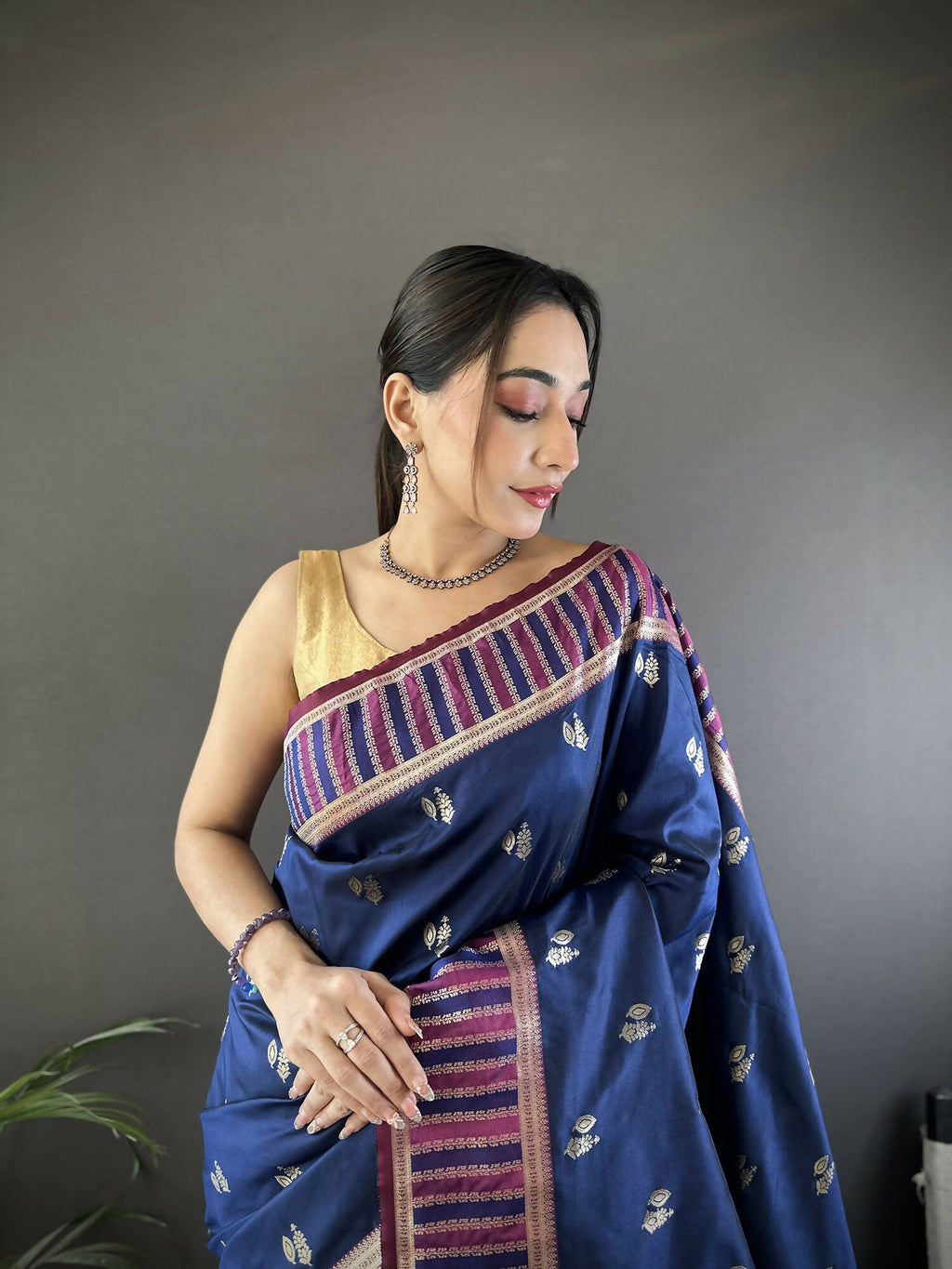 Joban Fashion Royal Blue Woven Zari Motifs Lichi Silk Banarasi Silk Saree