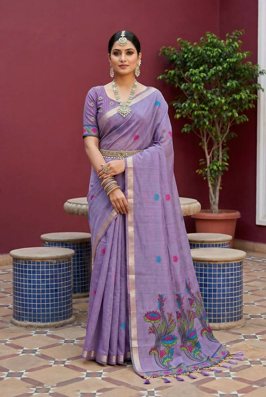 Vastranavya Lavender Muga Cotton Meenakari & Azarakh Pallu Saree with Contrast Blouse