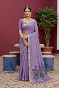 Vastranavya Lavender Muga Cotton Meenakari & Azarakh Pallu Saree with Contrast Blouse