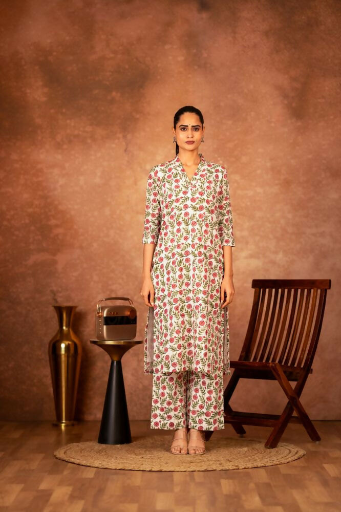 Joban Fashion Red Green Hand Block Printed Cotton Suit Set