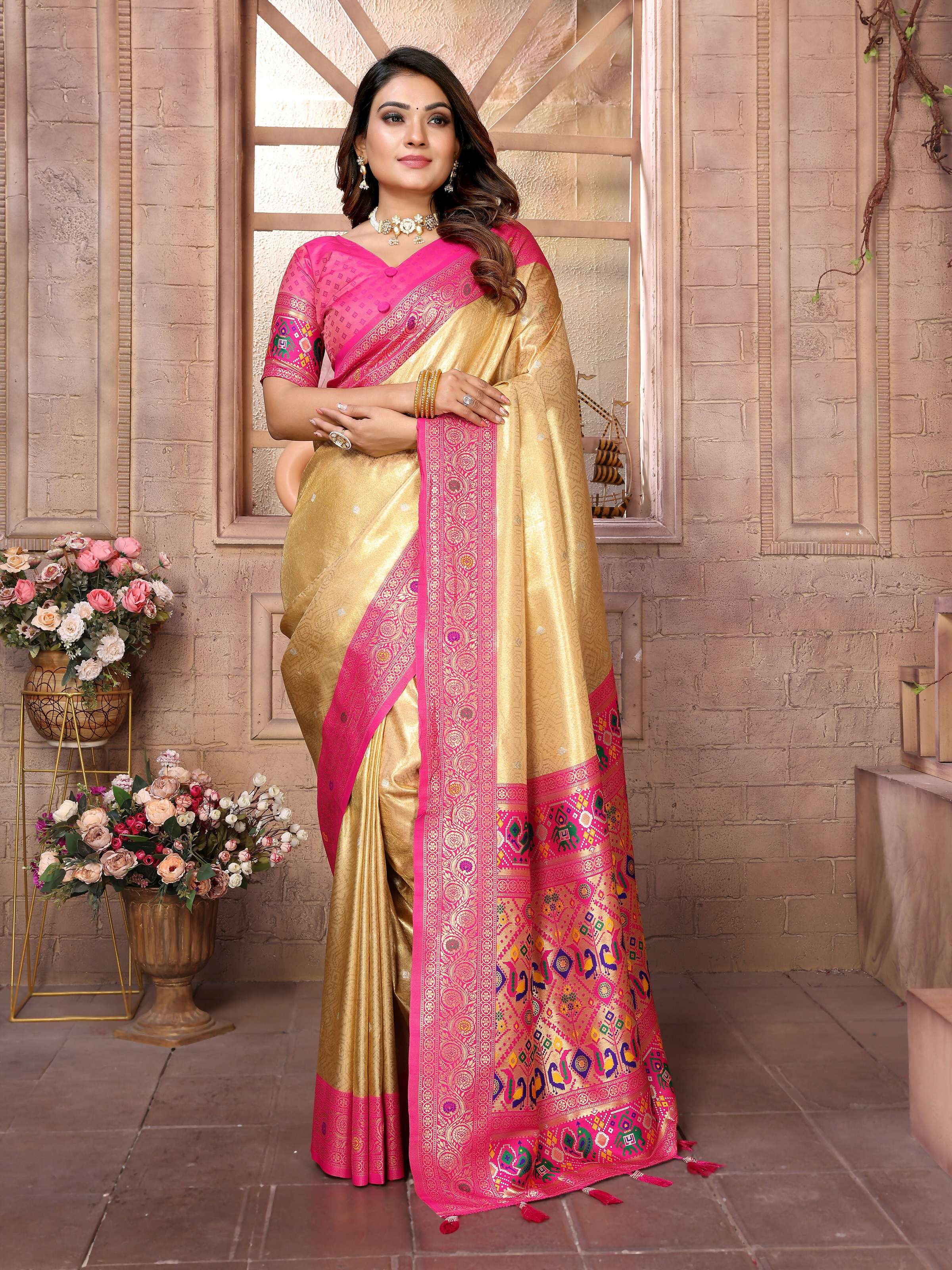 Aastha Fashion Cream Banarasi Tissue Silk Weaving Saree
