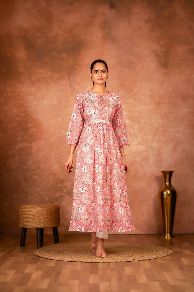 Joban Fashion Pink Floral Hand Block Printed Cotton Kurta Pant Set