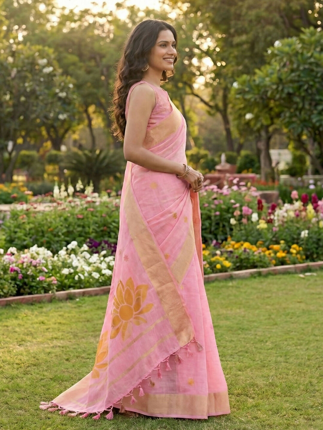 Shree Shyam Fashion Pink Linen Cotton Saree