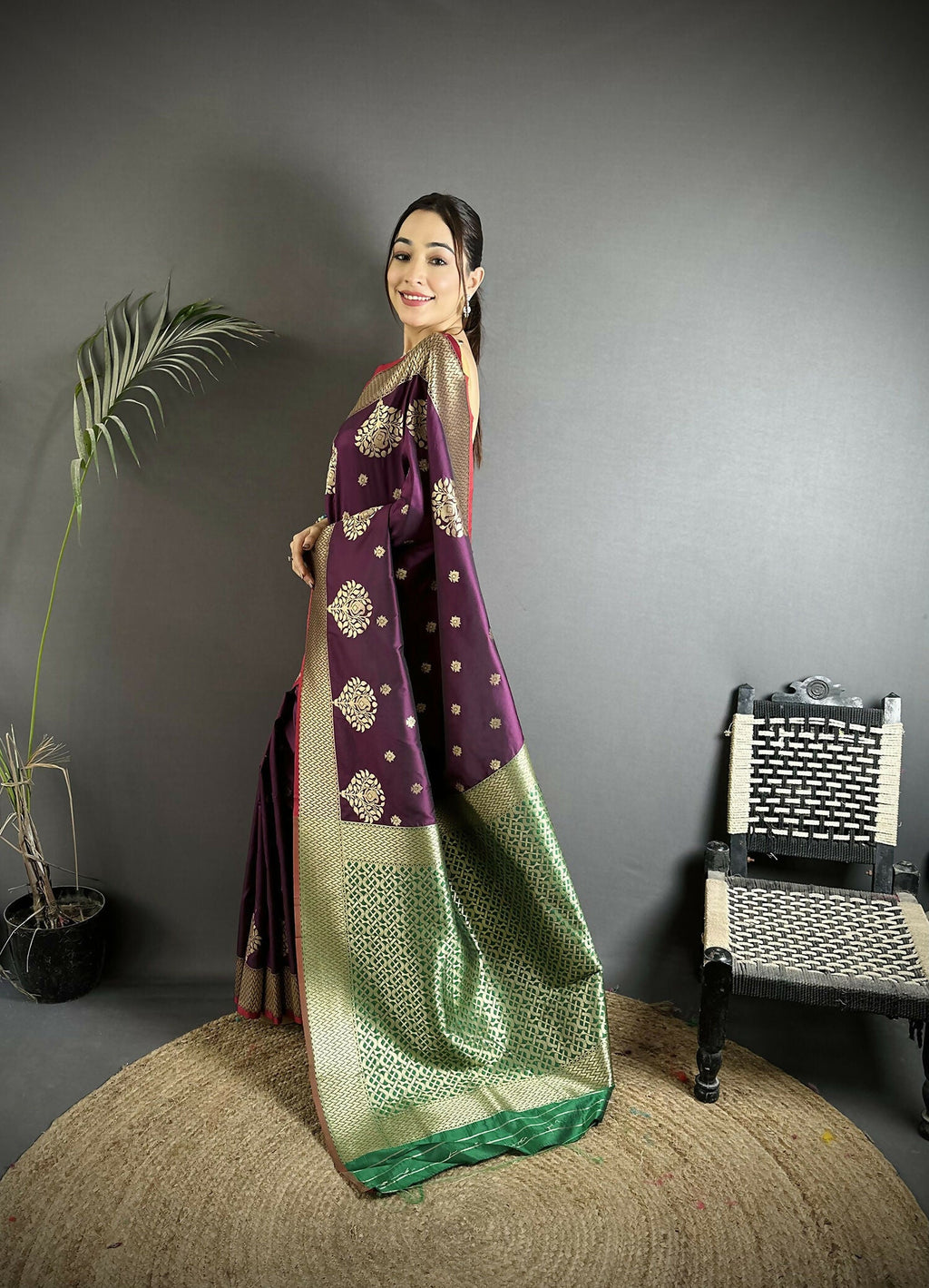 Joban Fashion Purple & Green Woven Butti Soft Silk Banarasi Silk Saree