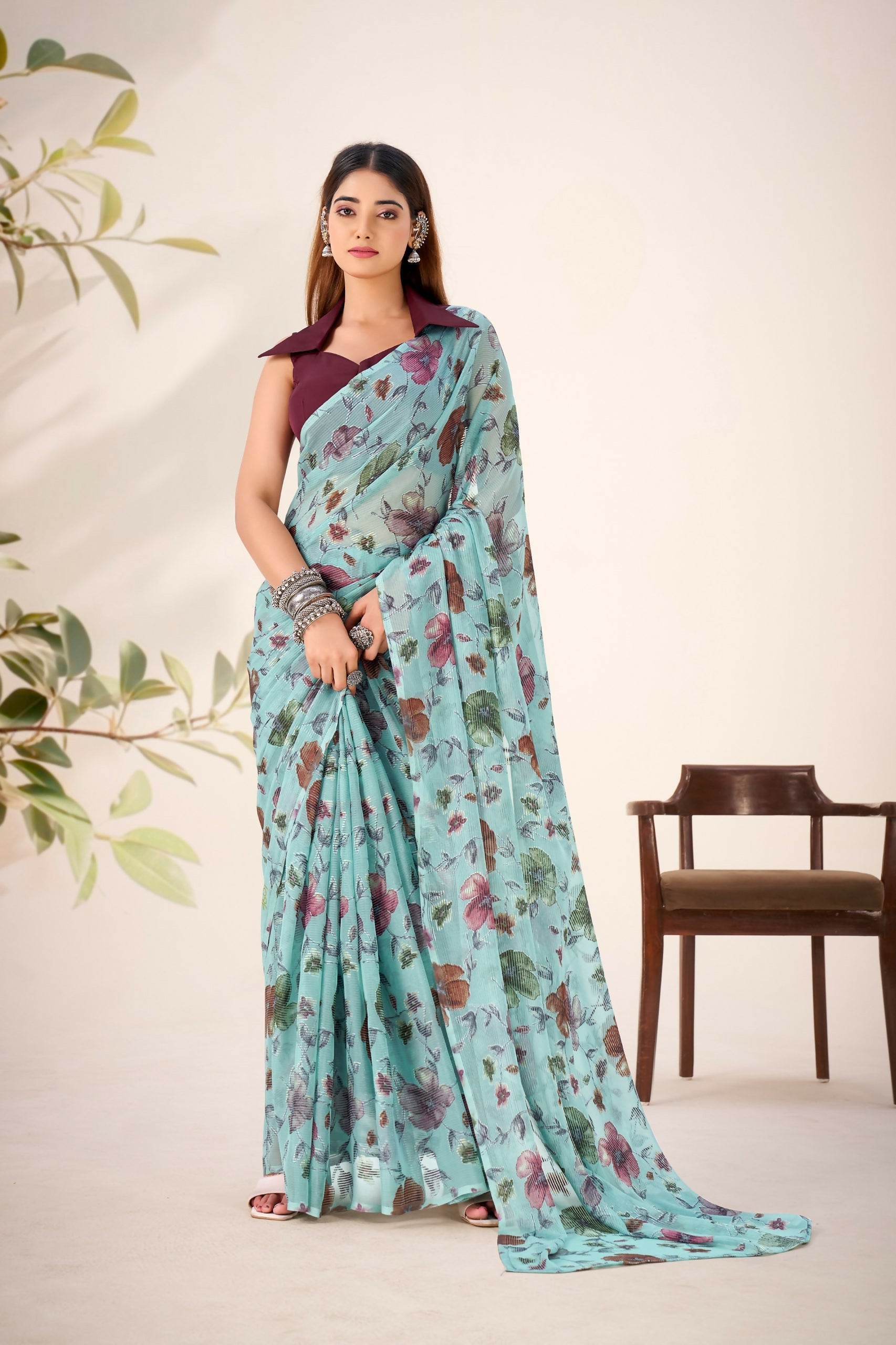 Vastranavya Sea Green Lurex Brasso Floral Printed Saree with Unstitched Blouse