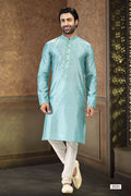 Raivat Ethnic Jacquard Banarasi Silk Thread Work Kurta Pajama In Sky Blue Colour