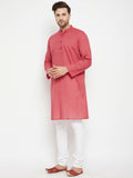 Even Apparels Rust Pure Cotton Long Men's Kurta With Band Collar