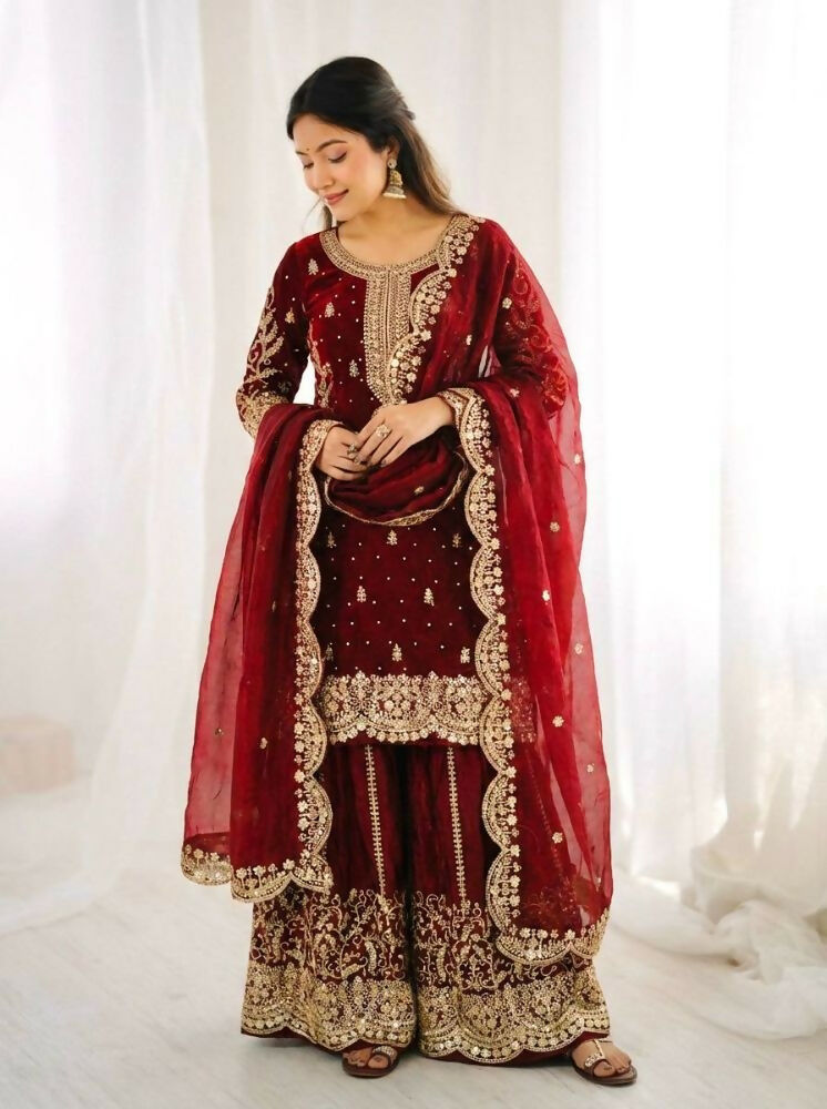 Teeya Creation Maron Color Fendy Silk Embroidery Work Wedding Wear Salwar Suit