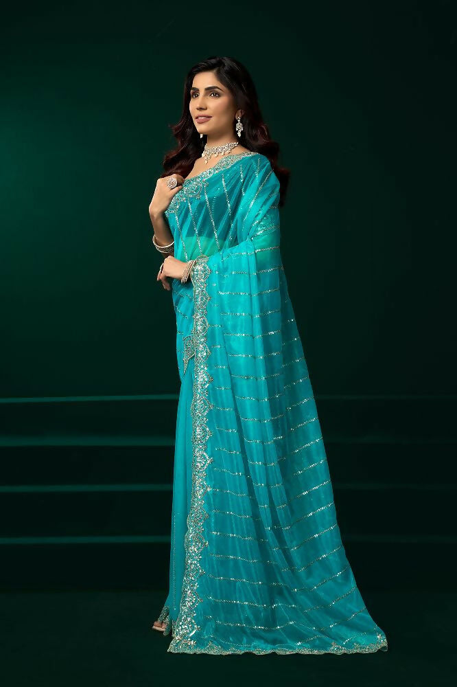 Joban Fashion Turquoise Blue Net Party Wear Sarees