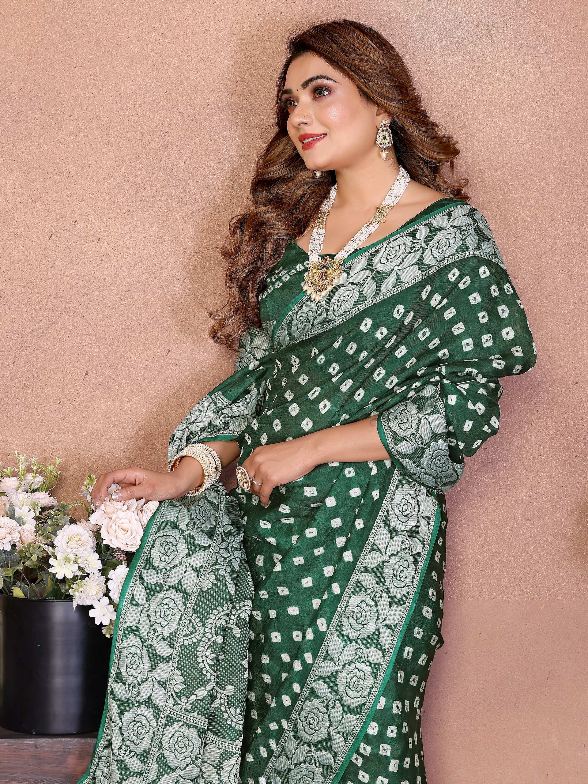 Aastha Fashion Green Viscose Silk Handmade Original Bandhej Saree