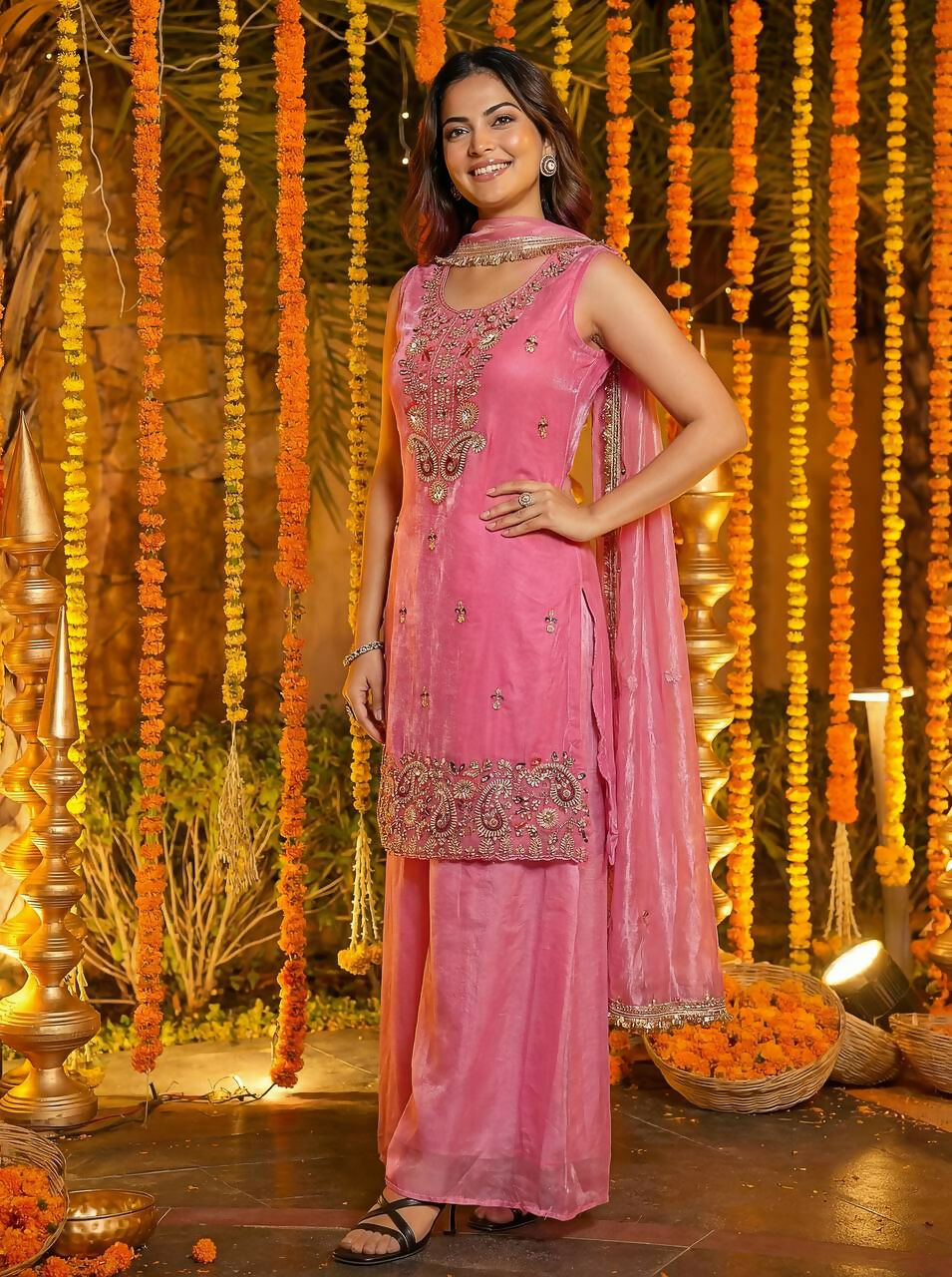 Joban Fashion Pink Silk Embroidered Sharara Set