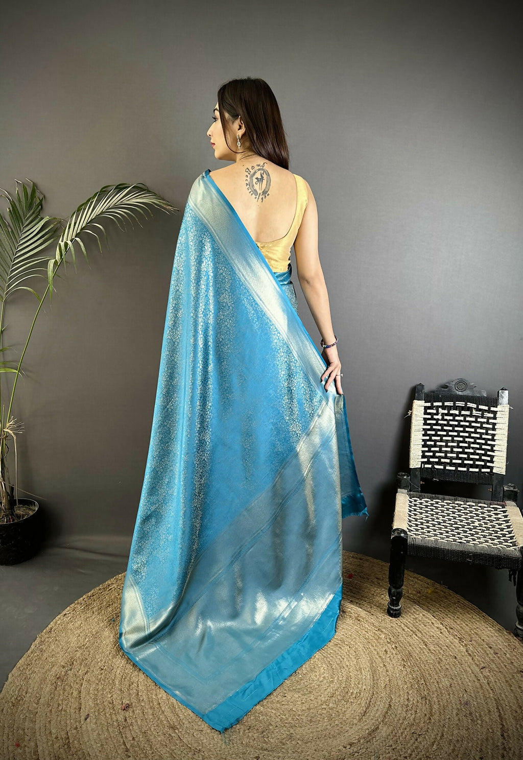 Joban Fashion Ocean Blue Floral Motifs & Ethnic Design Soft Satin Silk Kanchipuram Saree