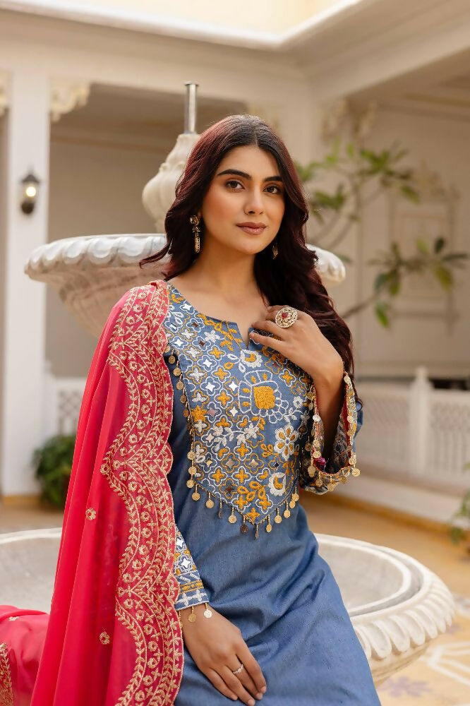 Teeya Creation Blue Color Cotton Denim Party Wear Real Mirror Work kurti