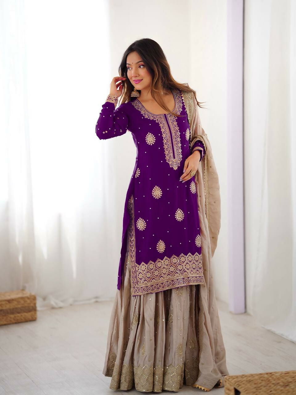 Lehenga Mart Designer Sharara Suit With Kurta, Sharara, Dupatta For Women-Purple
