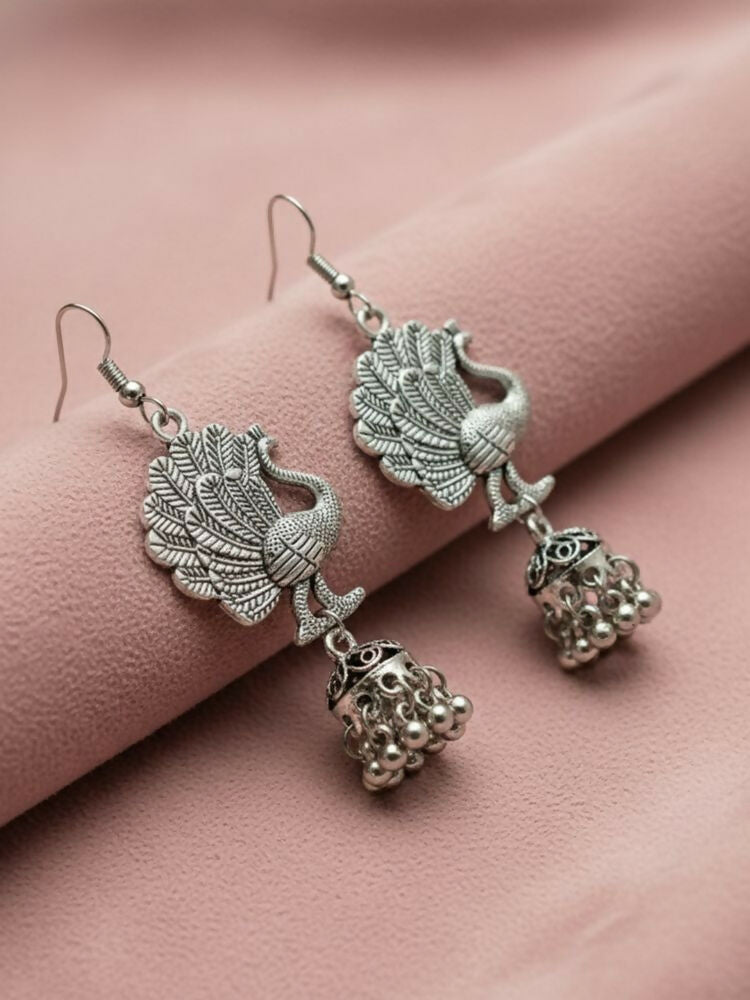 NVR Women Peacock Design German Silver Oxidised Jhumka Earrings