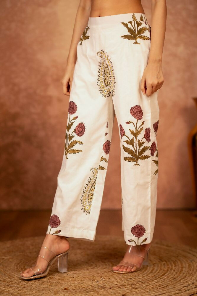 Joban Fashion Off White Red Floral Hand Block Printed Cotton Kurta Pant Set
