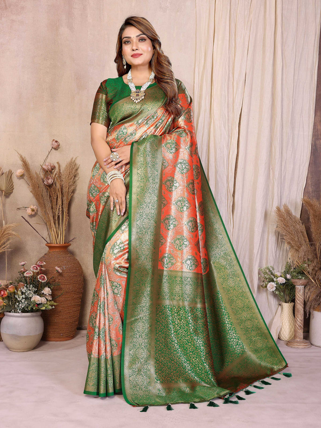 Aastha Fashion Red Banarasi Tissue Silk Weaving Saree