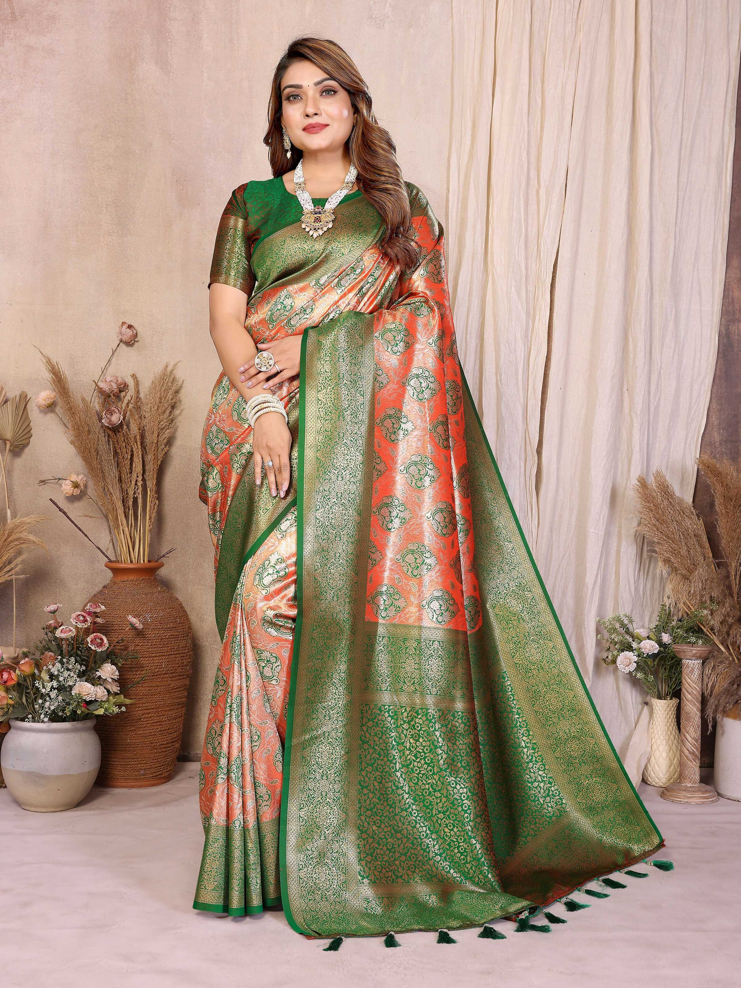 Aastha Fashion Red Banarasi Tissue Silk Weaving Saree