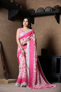 Prime Volt Linen Cotton Pink Printed Saree with Contrast Zari Border and Designer Blouse