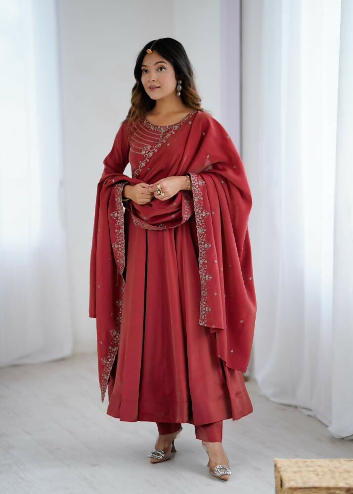 Lehenga Mart Designer Anarkali Suit With Kurta, Pant, Dupatta For Women-Maroon