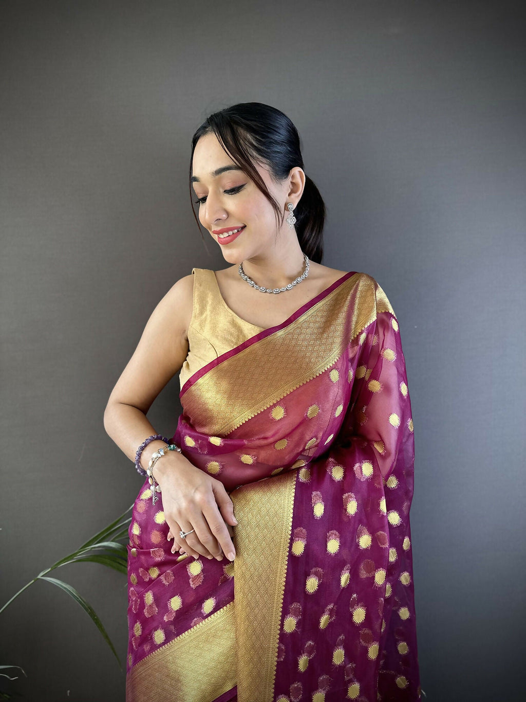 Joban Fashion Magenta Polka-Dot Zari Woven Organza Silk Banarasi Silk Saree