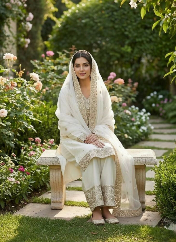 Teeya Creation White Color Fendy Silk Embroidery Work Wedding Wear Salwar Suit
