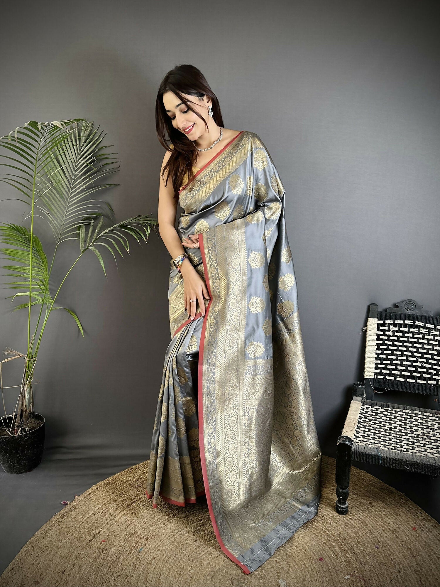 Joban Fashion Grey Ethnic Floral Motifs Soft Lichi Silk Banarasi Saree