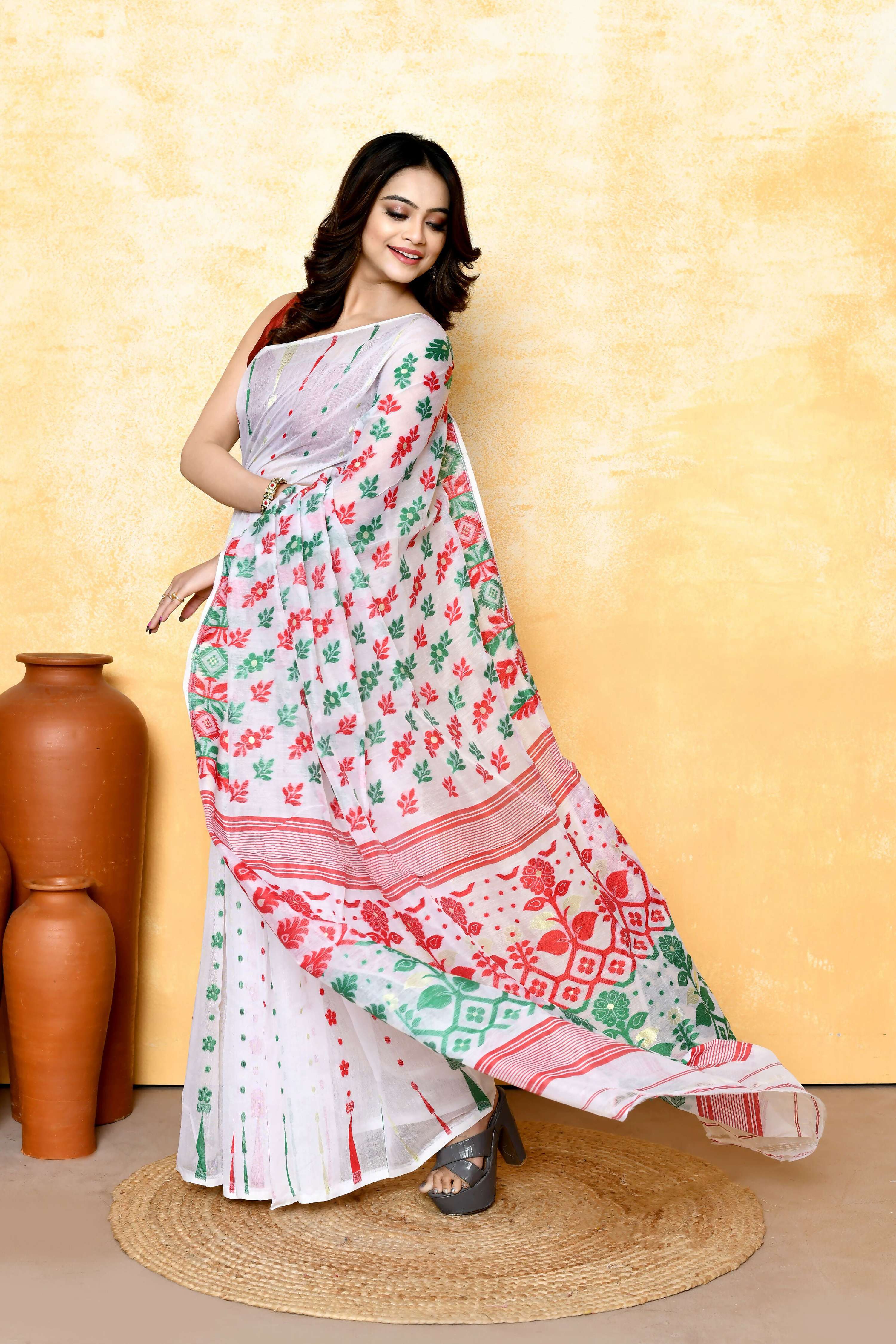 Piyari Fashion Women's White Embellished Cotton Blend Jamdani Saree