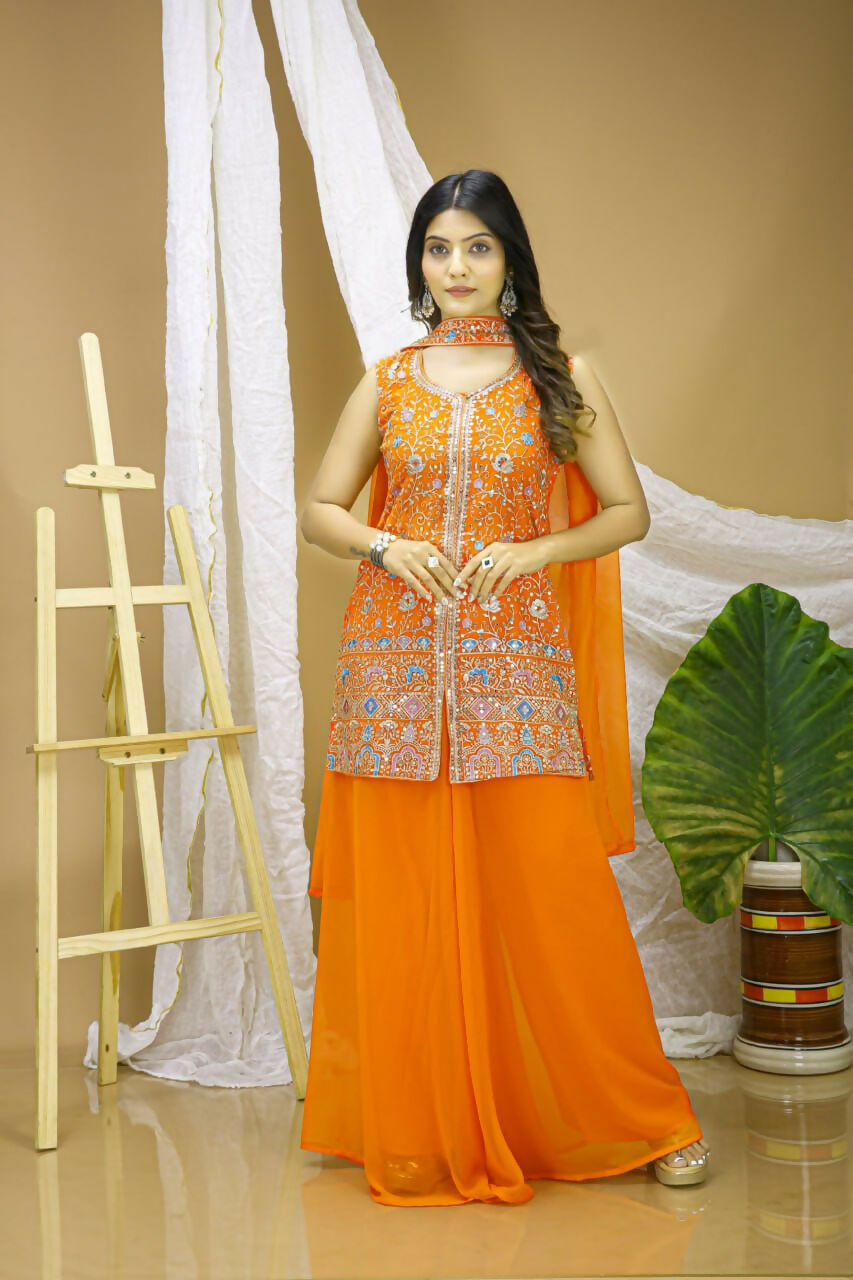 Joban Fashion Orange Georgette Embroidered Sharara Set
