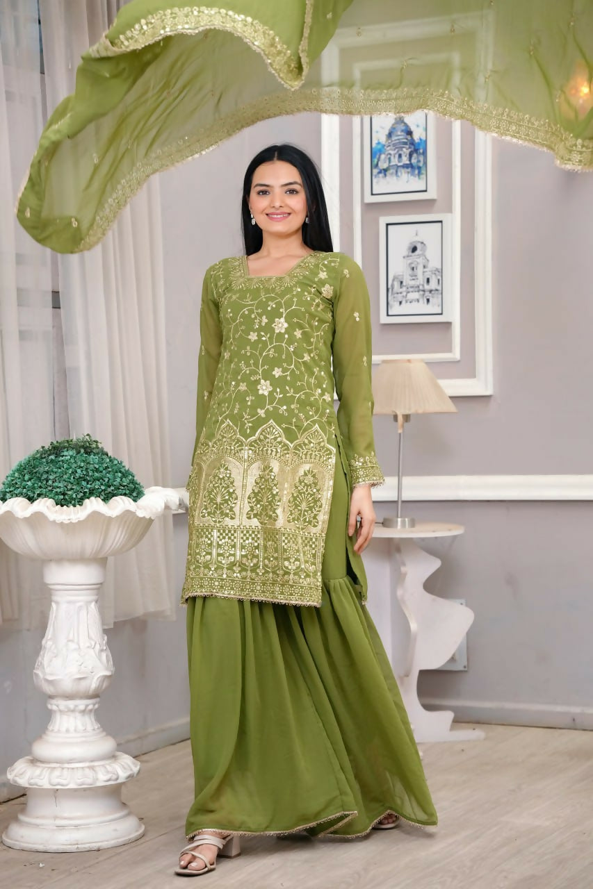 Teeya Creation Mehendi Green Faux Georgette Embroidery Work Sharara Set