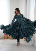 Teeya Creation Teal Color Mal Chanderi Silk Hand Embroidery Work Long Gown