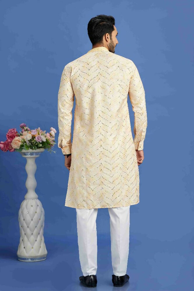 Raivat Ethnic Cotton Embroidery Kurta Pajama In Yellow Colour