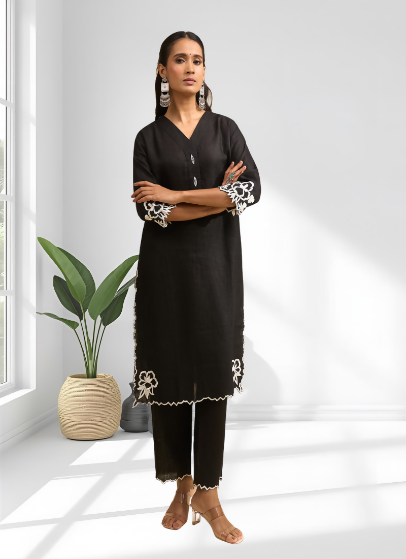 Joban Fashion Black Linen Embroidered Readymade Long Kurta With Pant