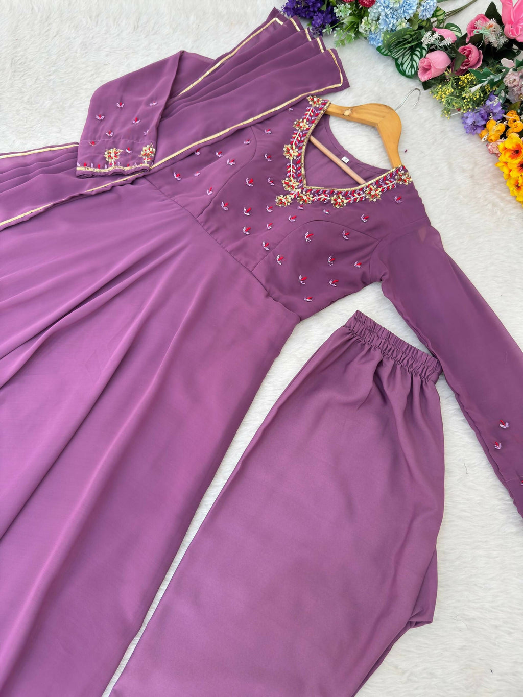 Teeya Creation Womens New Fancy Fox Georgette Heavy Quality Fabric With Handwork Lavender Gown Set