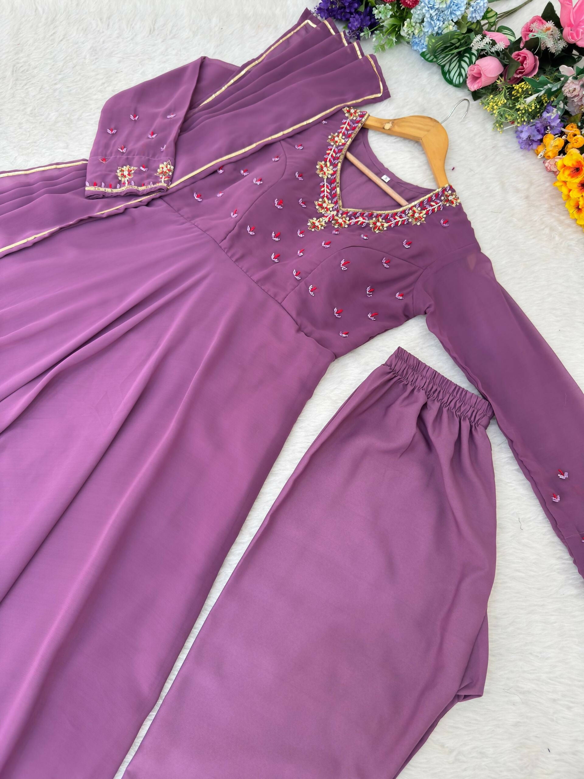 Teeya Creation Womens New Fancy Fox Georgette Heavy Quality Fabric With Handwork Lavender Gown Set