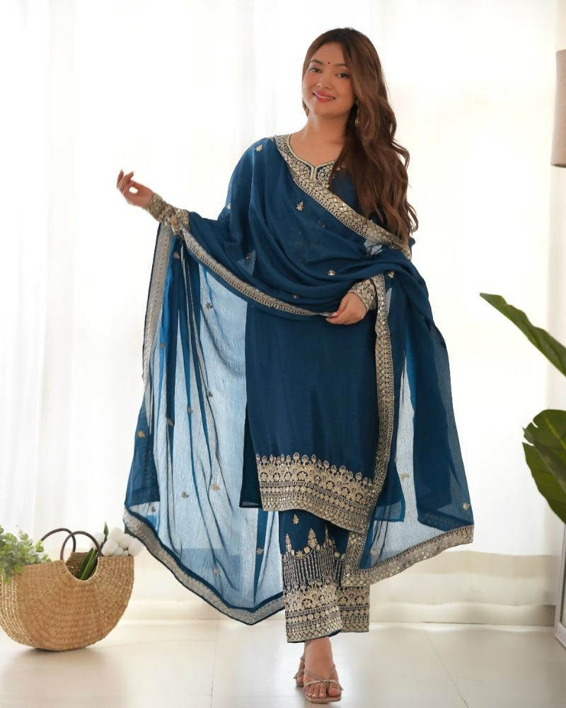 Lehenga Mart Designer Salwar Suit With Kurta, Pant, Dupatta For Women-Teal
