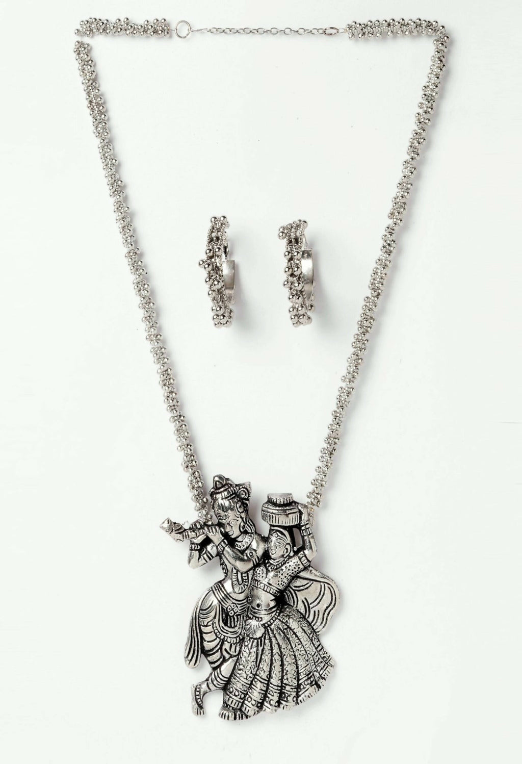 Mominos Fashion Johar Kamal Women Silver-Plated Brass Finish Radha Kishan Long Neckalce Combo Set