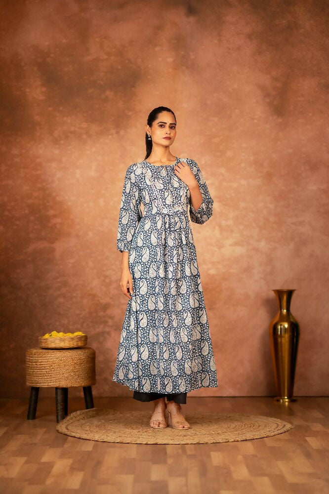 Joban Fashion Blue Floral Hand Block Printed Cotton Kurta Pant Set