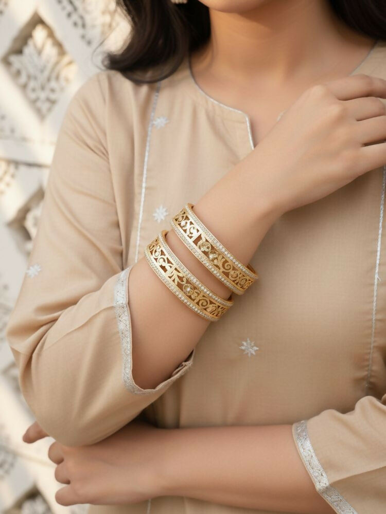 NVR Women Set of 2 Gold Plated CZ Stone Kada Bangle