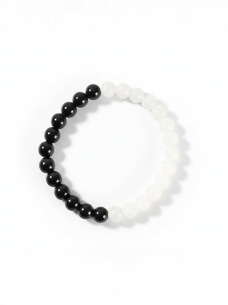 NVR Set of 2 Black & White crystal beaded Bracelet for Men & Women